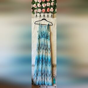 Kenzie *Rare* Aqua Geometric Chevron Maxi Dress